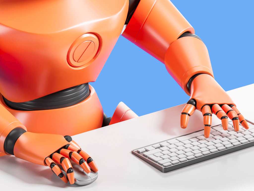 Post is about authenticity. The image of an orange robot using a keyboard represents AI writing tools.
